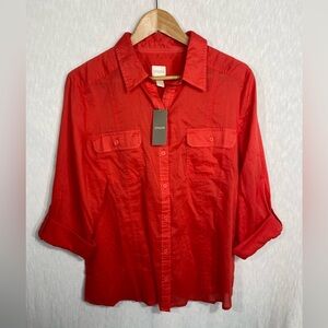 Chico’s Women’s Lightweight Button Shirt Roll Tab Sleeves Vibrant Coral Sz 2 NWT